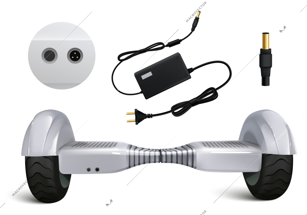 Hoverboard realistic composition with isolated images of self balancing scooter with power socket charger and plug vector illustration