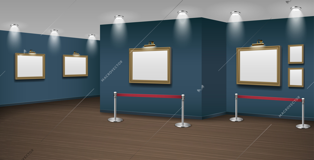 Gallery museum realistic mockup with exhibition picture frames vector illustration