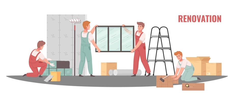 Renovation cartoon scene with handymen doing indoor repair works vector illustration