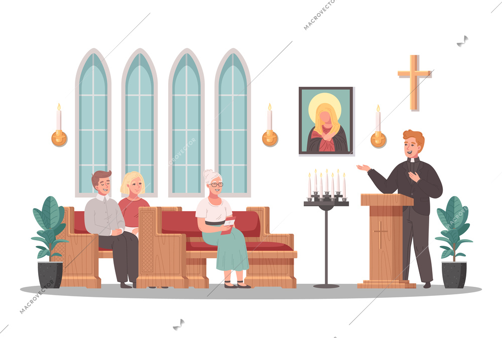 Christian church cartoon scene with priest serving on mass service vector illustration
