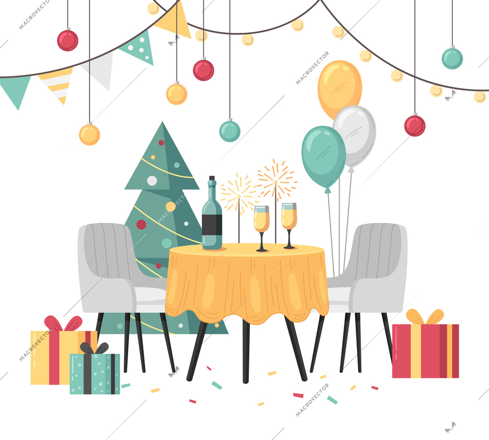 Restaurant interior cartoon scene with christmas celebration decor vector illustration