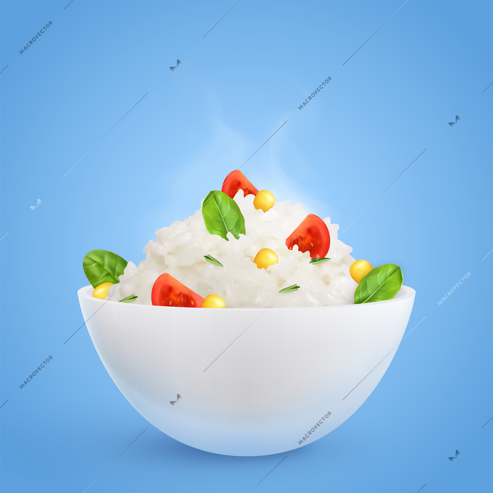 Blue background with bowl of white crumbly rice and chopped vegetables added to it realistic vector illustration