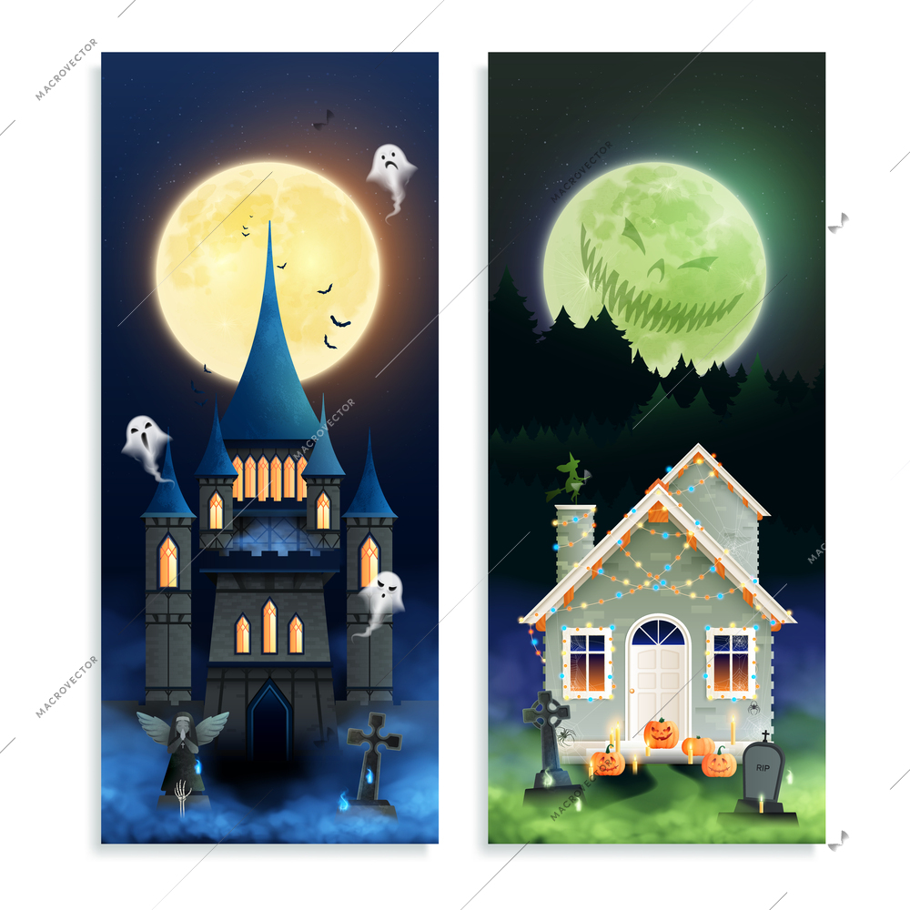 Halloween cartoon vertical banners with ghosts in old magic castle and   fest house decorated by colorful lamps cartoon vector illustration