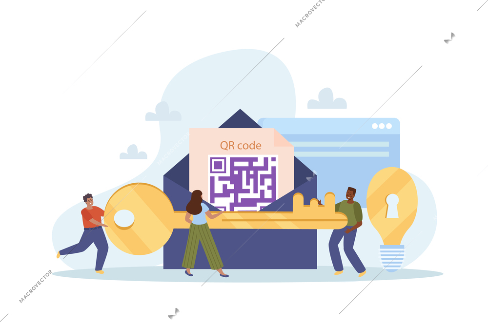 Qr code flat composition with tiny people holding key vector illustration