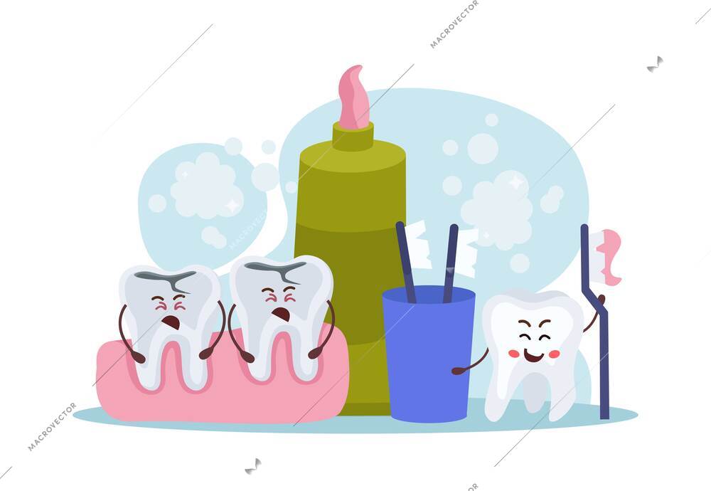 Flat oral care concept with cartoon characters of sad decayed human teeth and happy healthy tooth holding toothbrush with toothpaste vector illustration