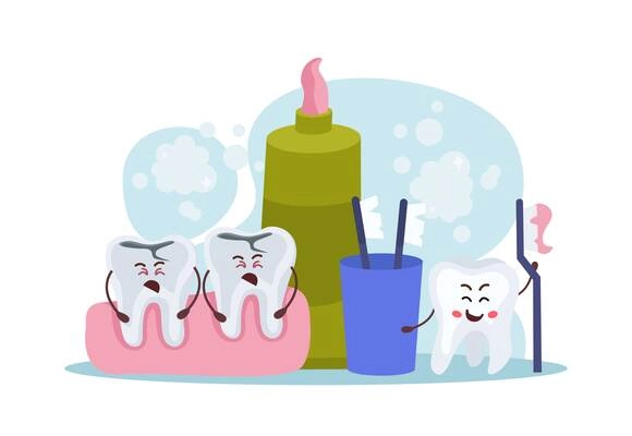 Flat oral care concept with cartoon characters of sad decayed human teeth and happy healthy tooth holding toothbrush with toothpaste vector illustration