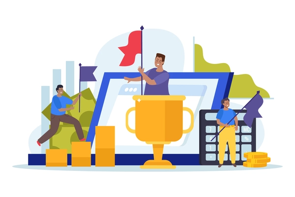 Flat concept of business success victory goal achievement with golden cup and happy people holding flags vector illustration