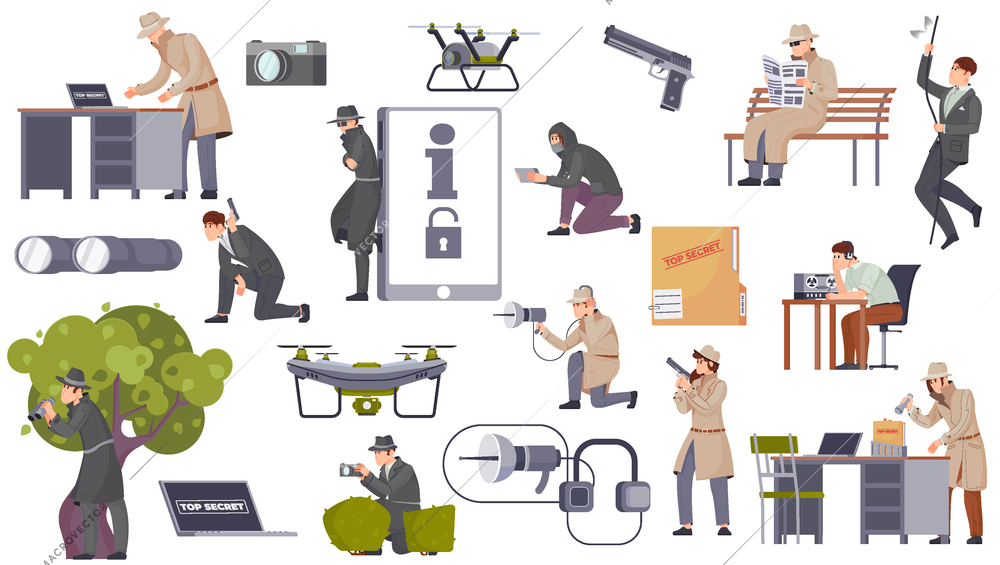 Espionage flat set of people in hat and black glasses with gun binocular photo camera listening device isolated vector illustration