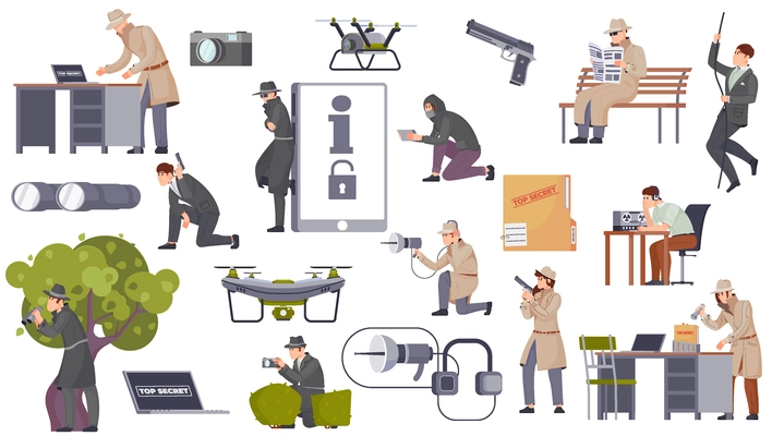 Espionage flat set of people in hat and black glasses with gun binocular photo camera listening device isolated vector illustration