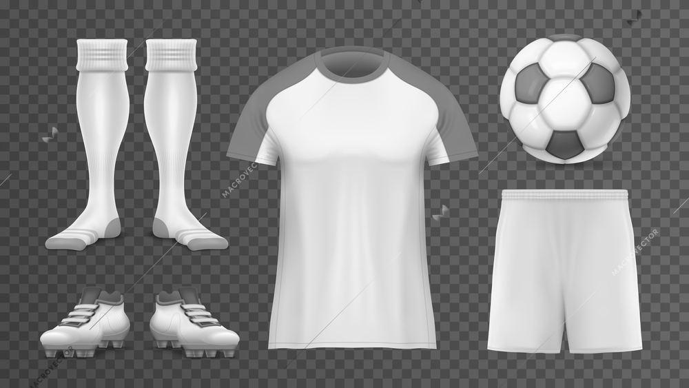 Realistic soccer transparent icon set with mens socks cleats tshirt shorts soccer ball vector illustration