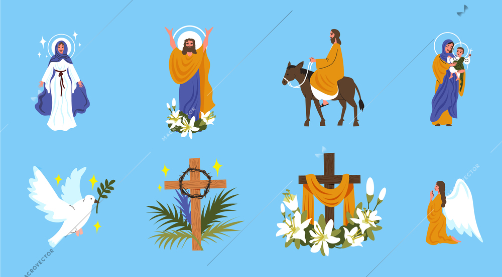 Holy week and easter theme flat compositions set of christ on donkey cross crown of thorns angel vector illustration