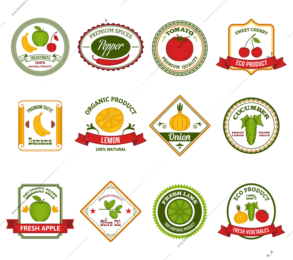 Fresh fruits and vegetables eco product labels set with tomato and bananas color abstract isolated vector illustration