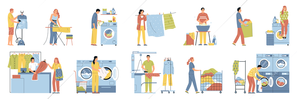 Laundry flat set with people do washing at home launderette ironing dry cleaners isolated vector illustration