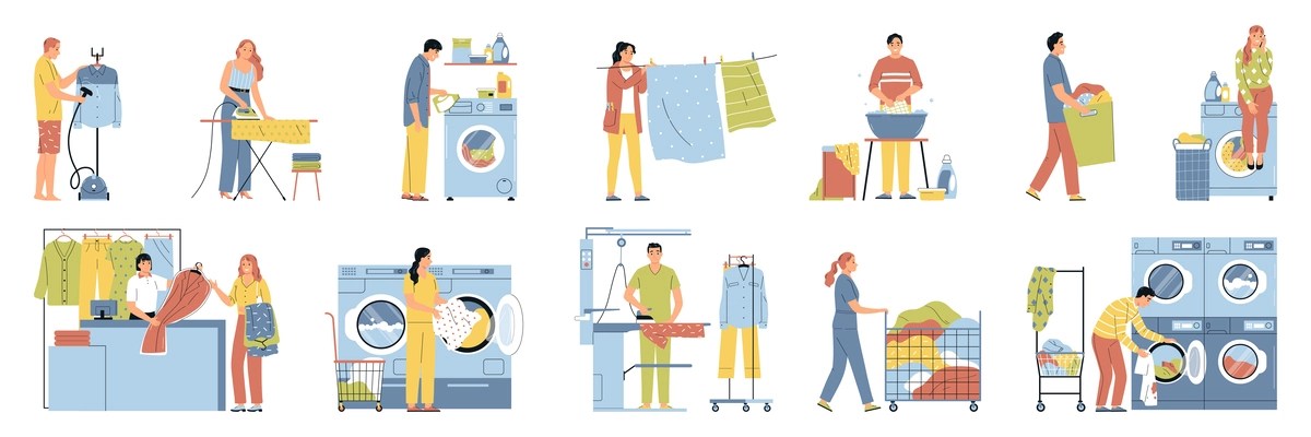 Laundry flat set with people do washing at home launderette ironing dry cleaners isolated vector illustration