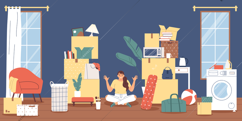 Stressed woman surrounded by boxes with belongings while moving to new home flat vector illustration