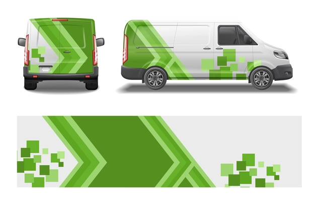 Car van mockup livery wrap design realistic set with rear and side views of branded automobile vector illustration