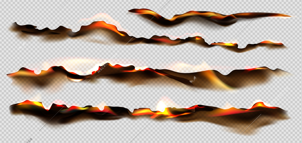 Realistic burnt paper borders set four burning sides of the paper on transparent background vector illustration