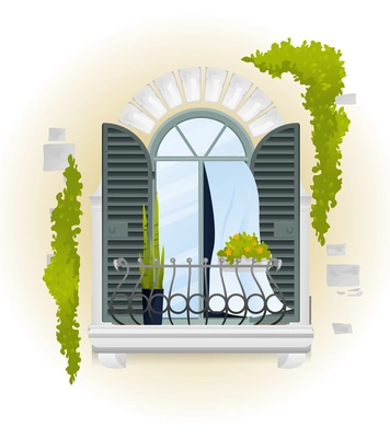 Vintage colored balcony composition white window with balcony iron fence and flowers vector illustration