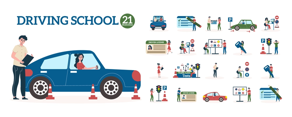 Driving school flat icons set with theory and practice training isolated vector illustration