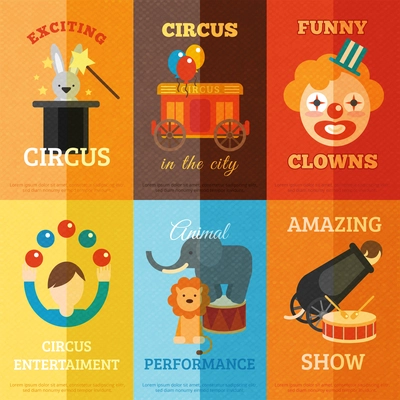 Circus performance magic show funny entertainment mini poster set isolated vector illustration