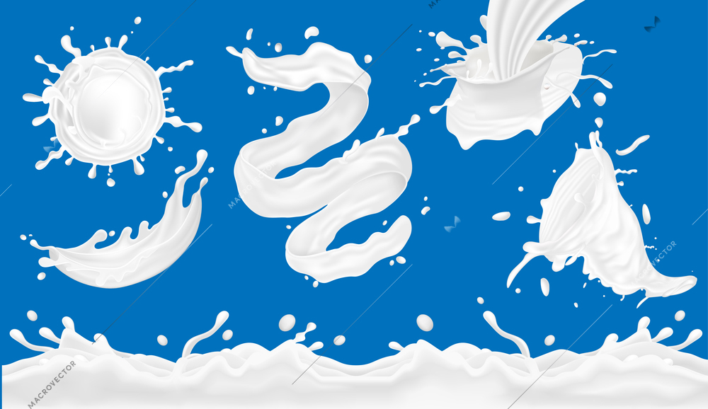 Pouring milk splashes of different shapes with drops realistic set isolated against blue background vector illustration