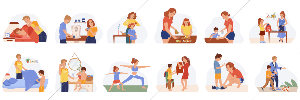 Family morning routine flat icons set  with parents and kids preparing for work and school isolated vector illustration