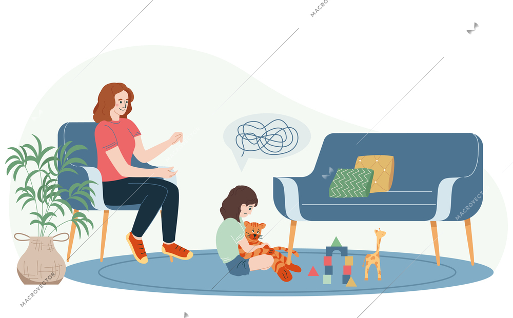 Child psychologist flat concept with girl playing and female specialist vector illustration