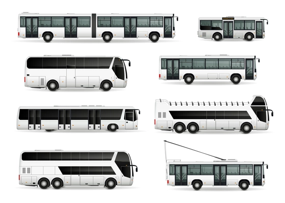 Bus mockup realistic set with isolated side view images of trolleybus cabrio mover and intercity liners vector illustration