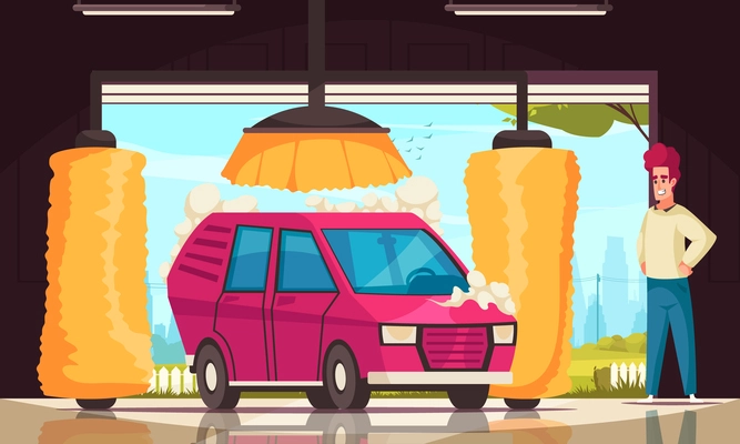 Car wash cartoon concept with self service cleaning vector illustration