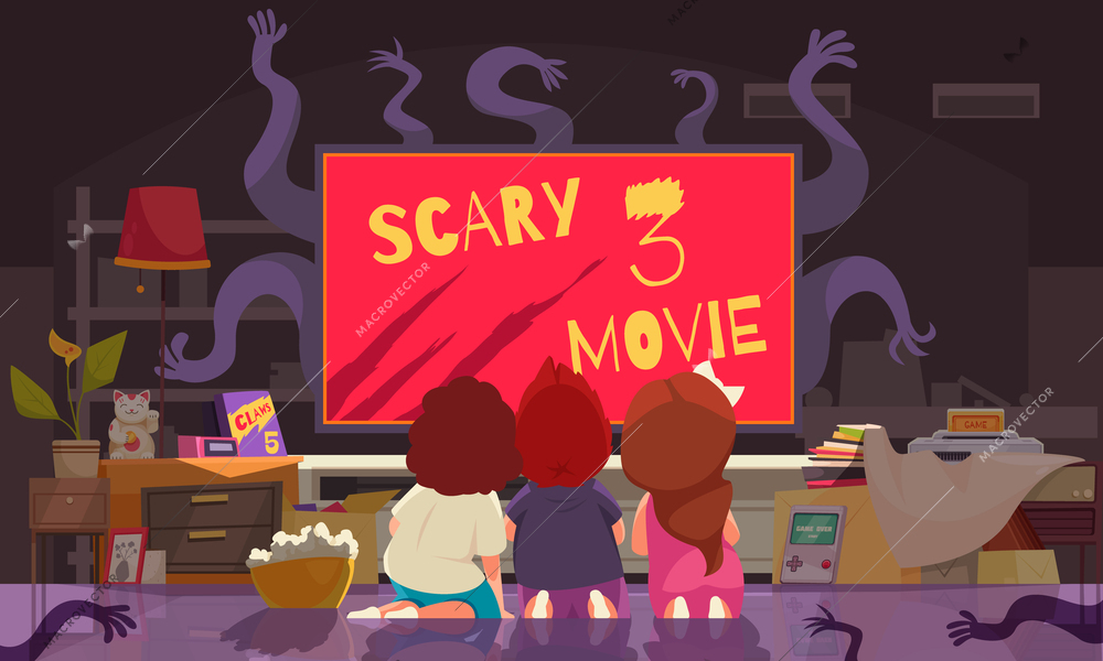 Children games cartoon poster with preschoolers watching scary movie vector illustration