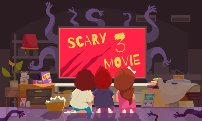 Children games cartoon poster with preschoolers watching scary movie vector illustration