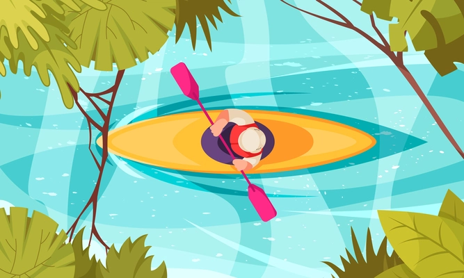 River rafting concept with top view of man in canoe cartoon vector illustration