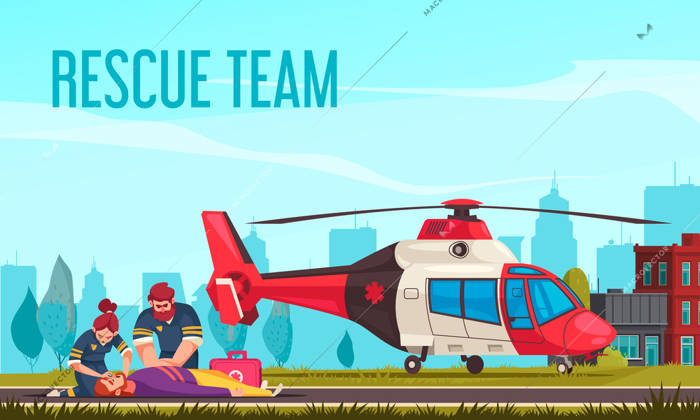 Emergency aid cartoon poster with paramedics rescuing unconscious man on helicopter vector illustration