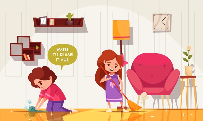 Well-behaved children cartoon poster with kids washing floor vector illustration
