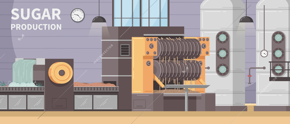 Sugar production factory with equipment for washing juice extraction boiling cartoon vector illustration