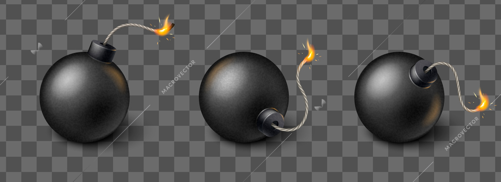Round bomb with burning wick realistic set isolated on transparent background vector illustration