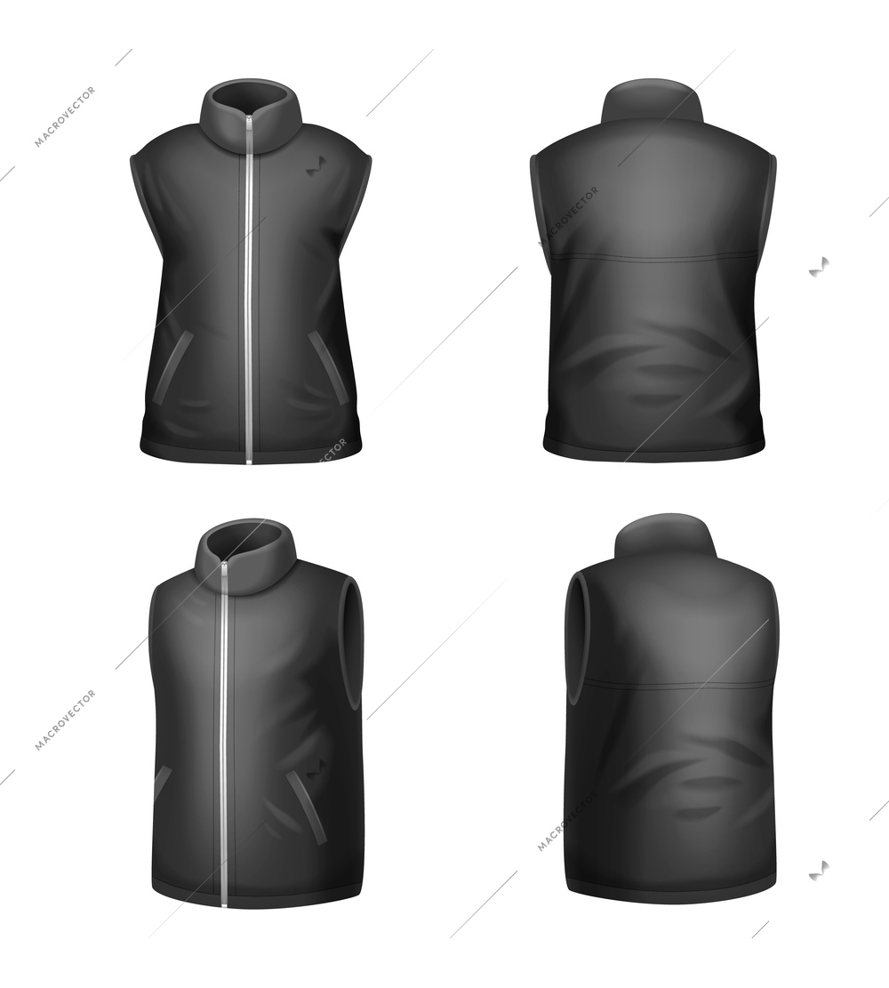 Realistic set of black winter sleeveless jacket mockup isolated on white background vector illustration