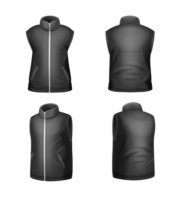 Realistic set of black winter sleeveless jacket mockup isolated on white background vector illustration