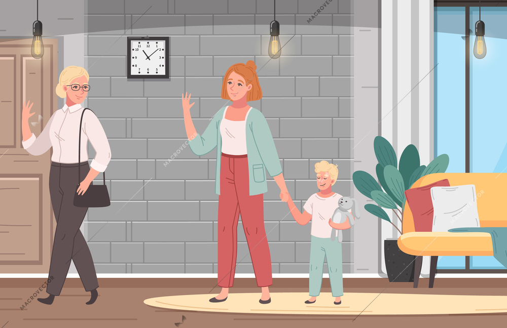 Female babysitter staying with little boy while his mum leaving home for work cartoon vector illustration