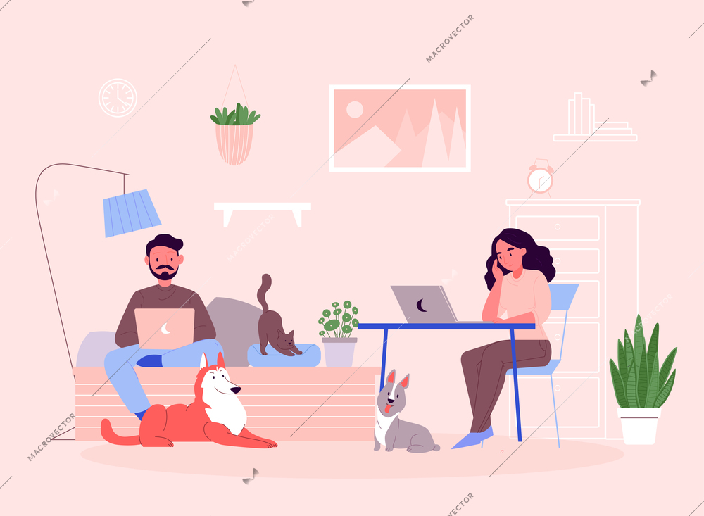 Pets home composition with living room interior and couple working on laptops with cat and dogs vector illustration