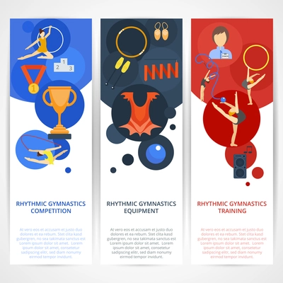 Rhythmics gymnastics vertical banners flat set with competition equipment training elements isolated vector illustration
