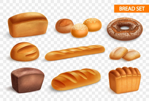realistic bread transparent icon set with brioche white loaf rye bread rolls and ciabatta french baguette vector illustration