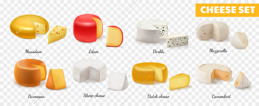 Realistic cheese transparent icon set with maasdam edam dorblu mozzarella parmesan camembert dutch and sheep cheeses vector illustration