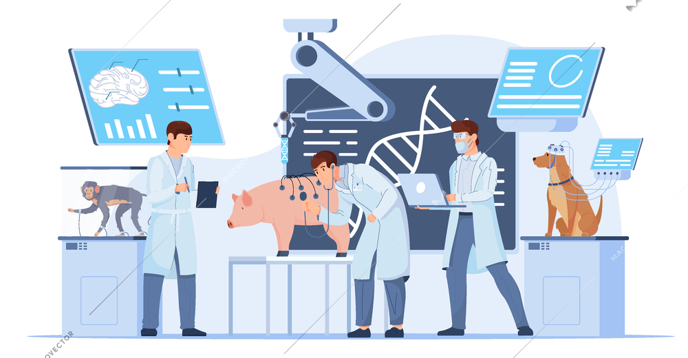 Laboratory experiments on animals flat background illustrating scientists working with dog pig monkey characters vector illustration