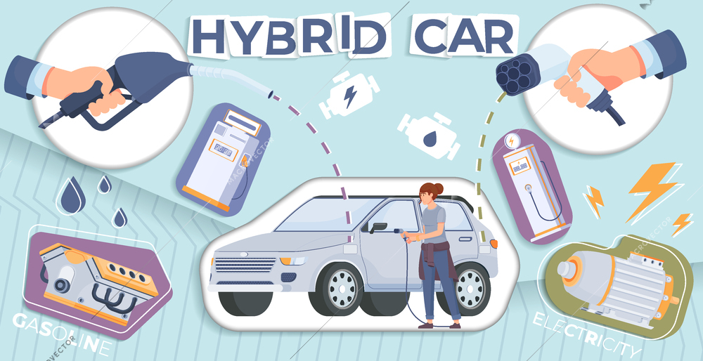 Hybrid car collage with gasoline and battery symbols flat vector illustration