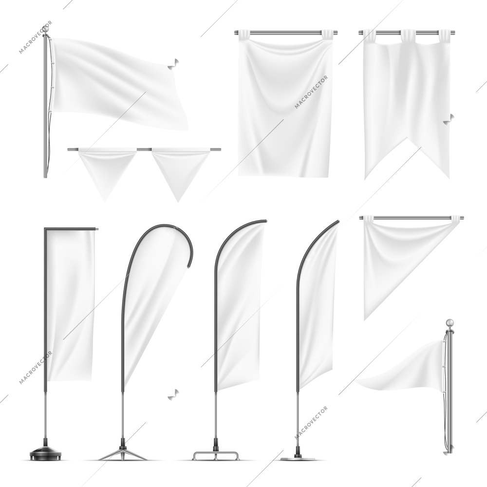 Realistic mockup set of white advertising banners flags pennants on metal poles and holders isolated vector illustration