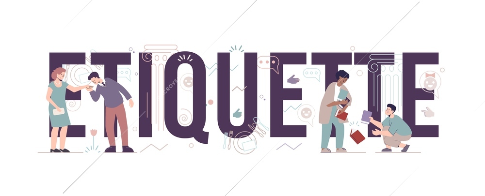 Etiquette flat text social concept with big letters and small adult characters communicating  vector illustration