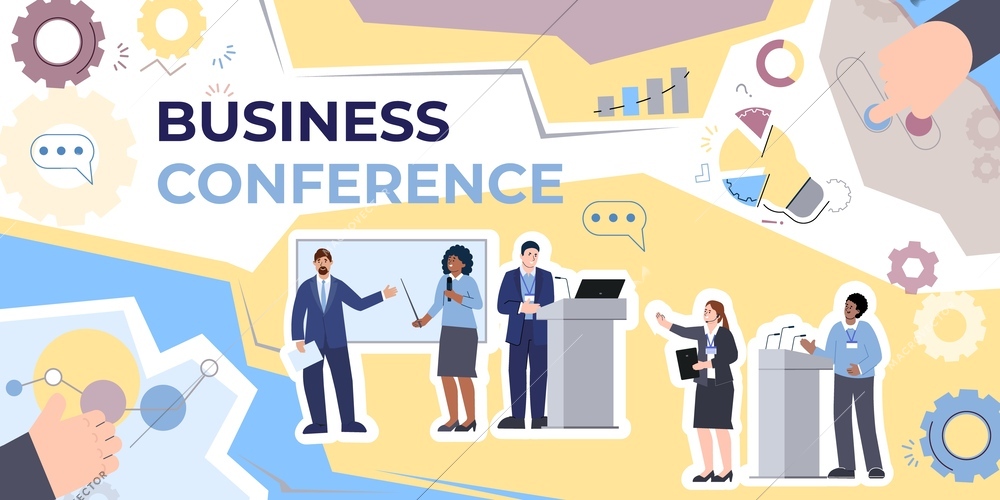 Business conference composition with collage of flat infographic elements doodle human characters with chat bubble pictograms vector illustration