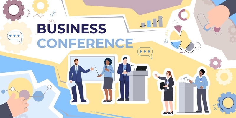 Business conference composition with collage of flat infographic elements doodle human characters with chat bubble pictograms vector illustration