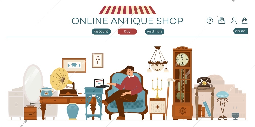 Antique shop flat banner for landing page with clickable buttons and view of vintage furniture store vector illustration